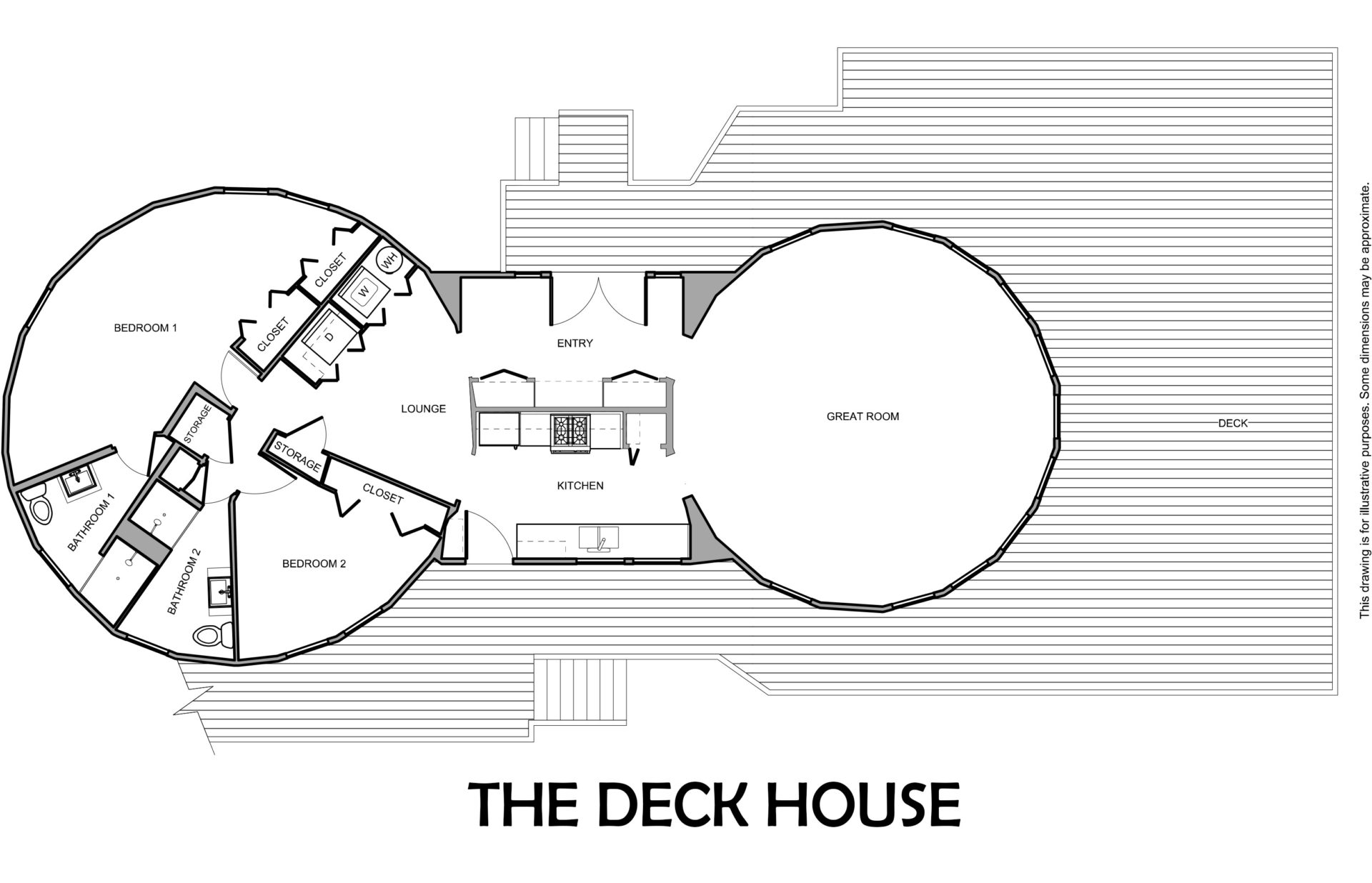 The Ocean Suite floor plan — two circular pods with deck